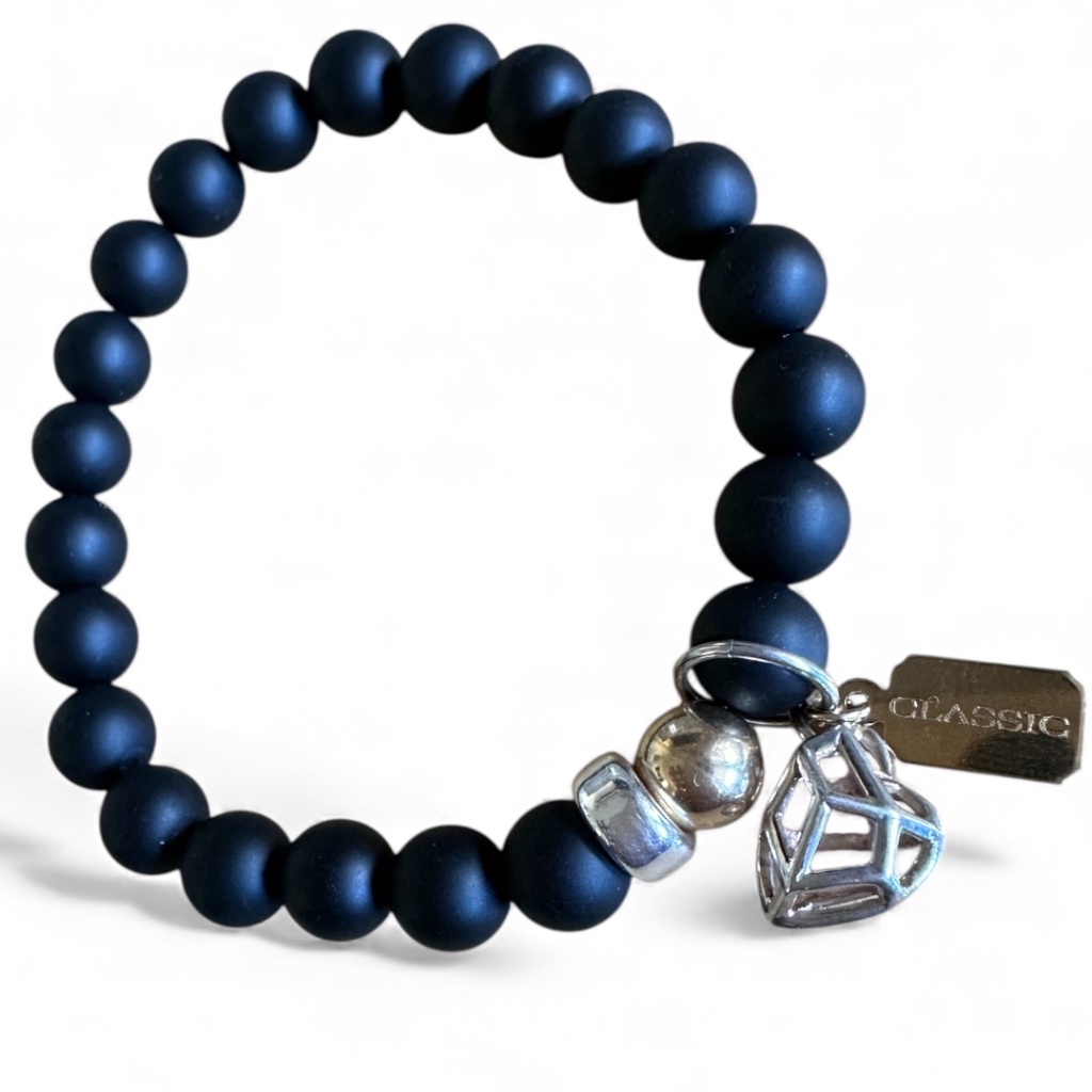 Matte Onyx Stretch Bracelet W Sterling Silver Geometric Heart Charm Accents 29$